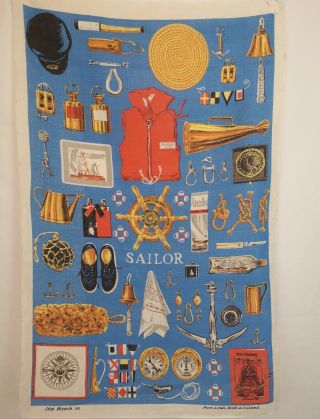 Vintage 1950s Old Bleach Sailors Print Pure Irish Linen Tea Towel