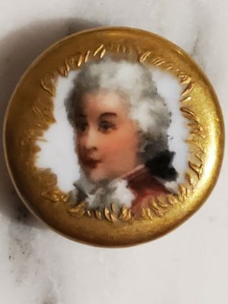 Antique Miniature Portrait Painted On Porcelain Stud Button Edwardian Victorian