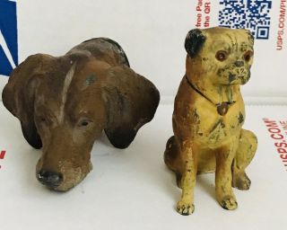 Pair Antique Spelter Metal Dogs Pug & Hound Walking Stick Cane Umbrella Topper