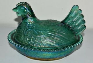 Rare Carnival Lime And Teal Green Hen On Nest Indiana Glass