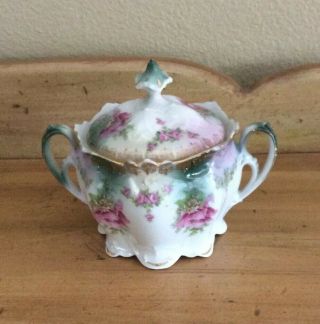 Rare Antique M Z Austria Porcelain Scalloped Sugar Bowl Pink Roses Dated 1901