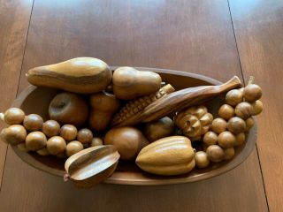 Vintage Mid Century Wooden Wood Carved Fruit Bowl Grapes Apple Pear Squash Usa