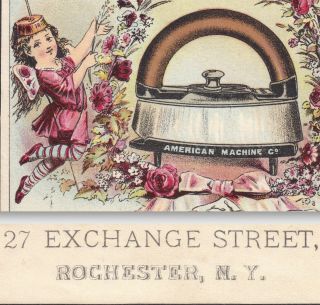 Rochester Ny Antique Sad Iron American Machine Enterprise Potts Fairy Trade Card