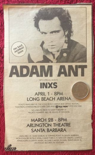 Adam Ant With Inxs - 1983 Concert Ad - Rare Long Beach Arena