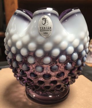 Rare Fenton Plum Opalescent Hobnail Rose Bowl With Inverted Crimp & Flaw
