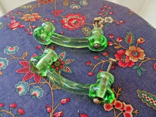 2 Vintage Green Glass Cabinet Pulls Drawer Handles
