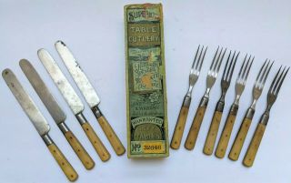 Rare Old Vtg Antique Hibbard Spencer Bartlett Bone Cutlery Knife Fork Flatware