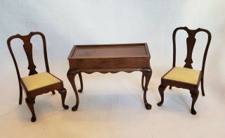 Dollhouse Miniature 1:12 Vintage Walnut Table And 2 Chairs