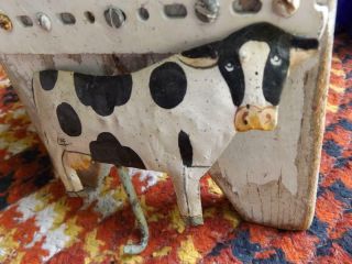 Primitive Vintage Folk Art Tin Cow With Iron Hook Hand Painted Signed Chap