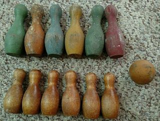 Vintage Bowling Game 12 Wood Pins,  1 Ball Antique Toy Wooden Sports Decor