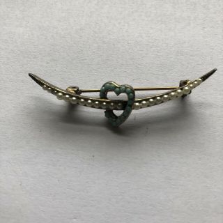 Antique Victorian Silver & Seed Pearl Turquoise Heart Crescent Moon Brooch Pin