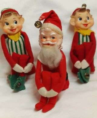 3 Awesome Knee Huggers 2 Large Elves And A Santa Christmas Ornaments W/bells