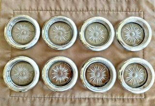 Set Of (8) Vintage Leonard Crystal Coasters Made In Italy With Silver Plate Rims