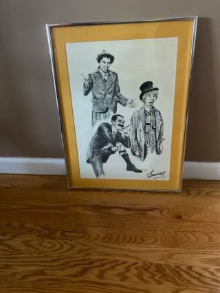 Rare Vintage Lithograph Print In Frame Of The Marx Brothers Sign By Lanse