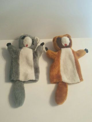 Set Of 2 Vintage Plush Hand Puppets Fox & Raccoon? 14 " Ears To Tail