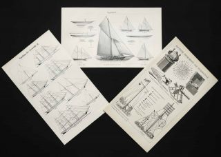 1897 Set Of 3 Antique Prints Of Navigation.  Nautical Instruments.  Antique Ships.