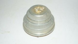 Vintage Aluminum Round Vanity Powder Puff Music Trinket Box Jeweled -