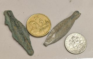 Two 2500 Year Old Ancient Greece Greek Bronze Arrowheads (l7047)