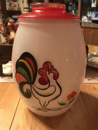 Vintage Bartlett Collins Cookie Jar Rare Rooster Glass Red Lid Hand Painted