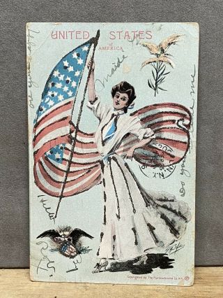 Vintage Embossed With Glitter G.  A.  R.  Lady Liberty With Flag Postcard - Rare