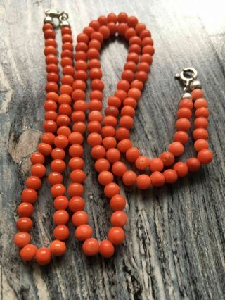 Antique Old Stock Natural Salmon Red Coral Necklace And Bracelet Silver Clasp