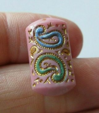 Impressive Scarce Antique Vtg Victorian Pink Glass Button Enamel Paisley (m)