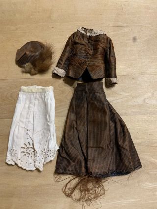 Very Old Brown 3 Piece Outfit For Antique Fashion Or Lady Type Doll - Tlc