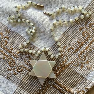 Vintage Rare Htf Mother Of Pearl Jewish Star Of David Beaded Necklace