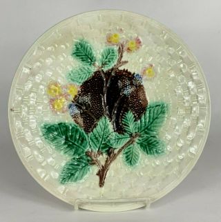 Antique Majolica Plate Platter White Basket Weave With Black Berries Vine 10 "