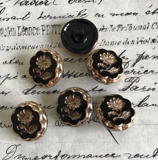 6 Vintage Antique Black Glass W/gold Indented Flower Buttons