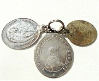 Ring With 3 Antique Old Solid Silver Religious Medal Pendants