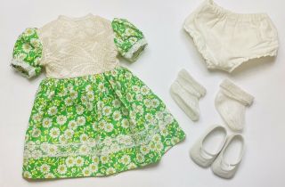 Vintage Doll Dress Clothes Green Floral Bloomers Shoes Socks For 21” Dolls