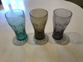 3 Coca Cola Colored Glasses Brown Purple Green Coke Glass Mcdonalds Vintage Rare