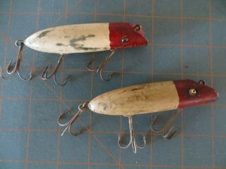 2 Vintage Wooden South Bend Bass Oreno Glass Eyes Lures - Red & White - 4 Inch