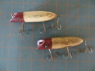 2 Vintage Wooden South Bend Bass Oreno Glass Eyes Lures - Red & White - 4 inch 2