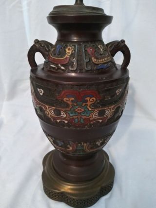 Large Antique Asian Bronze Cloisonne Champleve Enamel Vase Lamp Filigree Base