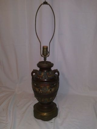 Large Antique Asian bronze Cloisonne Champleve enamel Vase lamp filigree base 2