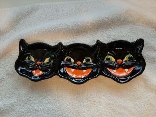 Rare Halloween Retro Black Cats 3 Section Candy Dish