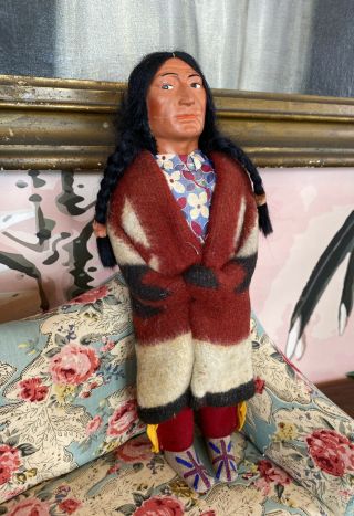 Antique 12 " Skookum Bully Good Native American Indian Chief Doll Label