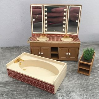 Vintage Tomy Smaller Homes Dollhouse Bathroom Set Sink Vanity Tub Planter