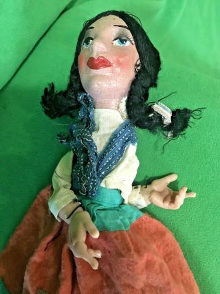 Vtg Paper Mache Folk Art Ethnic Lady Puppet Doll W/ Big Eyes 14”