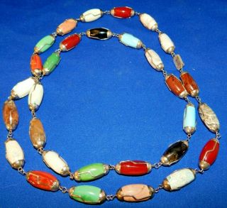 Vintage Polished Multi Stone Beaded Necklace 38 " Long Marked " Sterling "