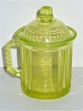 Rare Green Vaseline Glass Measuring Cup With Lid,  Depression Glass