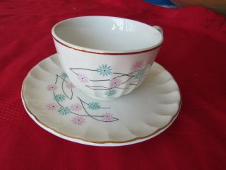 Rare W.  S George China Teacup Saucer Set Turquoise Pink Flower - Atomic - B8837 Style