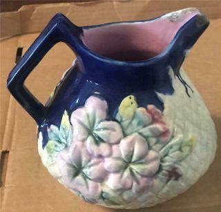Antique Majolica 5 1/2 " T By 5 3/4 " D Cobalt Blue With Purple Flowers Pitcher