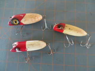 3 Vintage Wooden South Bend Bass Oreno Lures - Red & White - 3 Inch