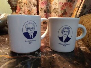 2 Fishs Eddy Coffee Mugs Bernie Sanders 2016 And Elizabeth Warren 2020 Rare
