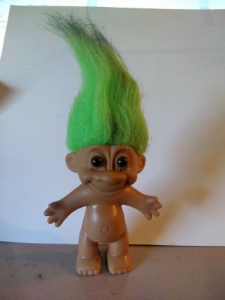 Vintage Russ Troll 4 " Green Hair With Black Highlights With Brown Eyes