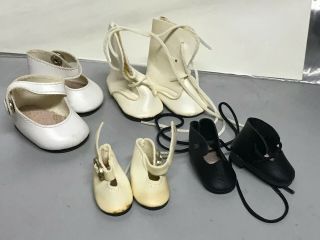 4 Pr Antique Vtg Doll Shoes Side Snap White Buckle Tie Black Nos 1 1/2 " - 2 1 /4 "