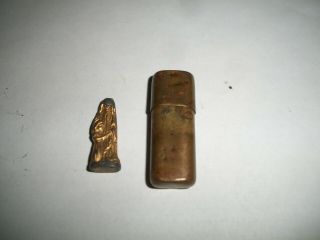 Antique Virgin Mary & Baby Jesus Miniature Lead Pocket Statue In Brass Case Wwii